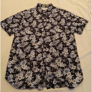 Denim & Flower Men’s Large Slim Fit Blue White Floral Short Sleeve Button Down